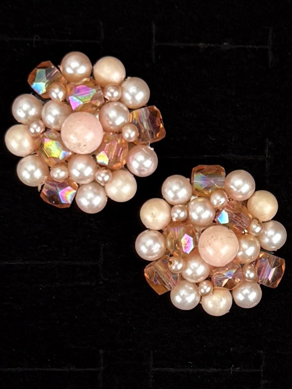 Vintage Japan Cluster Clip-On Earrings Iridescent Beaded